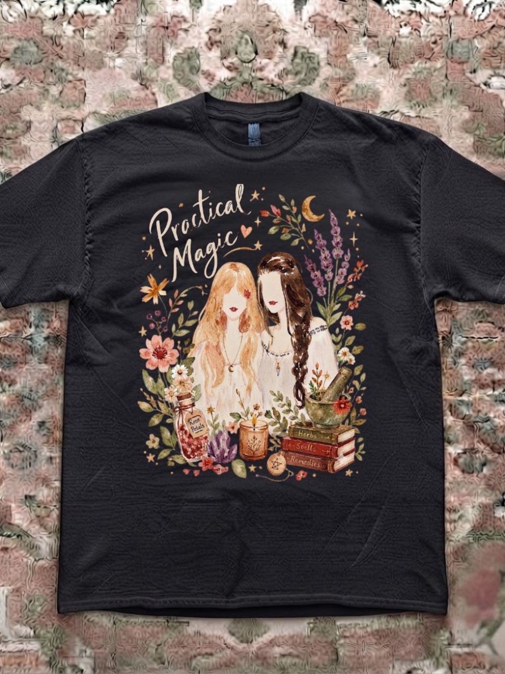 Practical Magic Sisters Witches Books Herbs Vintage Black T-Shirt